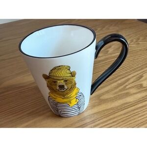 Signature Housewares Hipster Bear Coffee Mug Yellow Scarf Glasses Stoneware 5.5"
